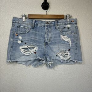 Lucky Brand Jean Shorts 8 Cut Off Denim Distressed Embroidered Lady Bugs VTG 90s
